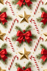 Photo-realistic Christmas pattern with satin red/pink bows, green pine branches, glossy gold stars, striped candy canes, and holly berries on cream background