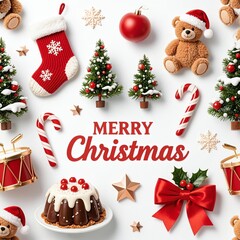 Photorealistic Christmas pattern on white background with plush teddy bears in Santa hats, real pine trees, knit stockings, glossy candy canes