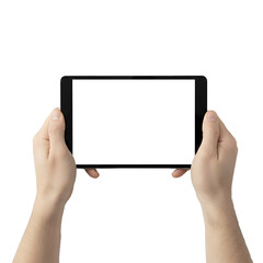 hand holding tablet with Blank Screen Isolated on Transparent Background
