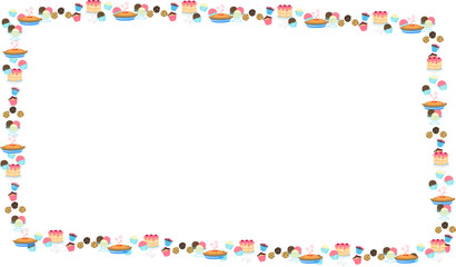 A decorative rectangular border frame composed of various sweet desserts including colorful cakes, pies, and candies ,pmg