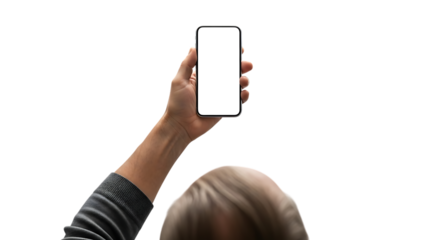 Hand holding a smartphone with a blank screen, isolated on transparent background