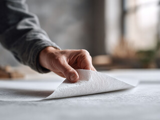 Hand peeling up a protective layer. Illustrates change, revealing, or starting anew. Useful for concepts of renovation, secrets, opportunities, or uncovering potential.