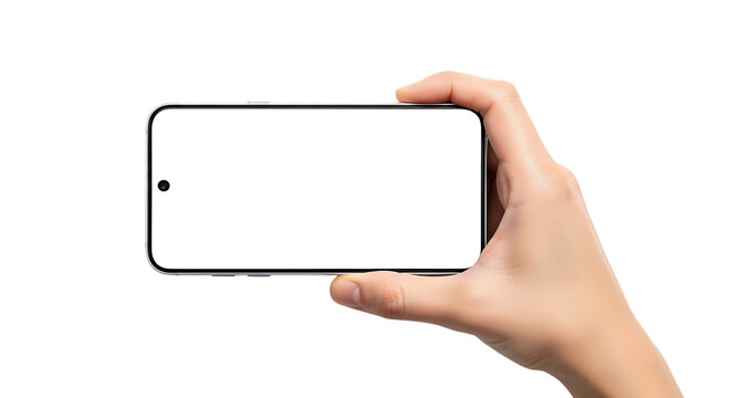 Hand holding a modern smartphone horizontally with a blank white screen, isolated on transparent background - Powered by Adobe