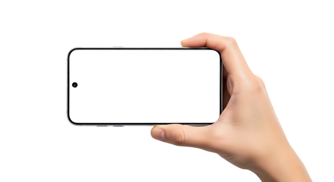 Hand holding a modern smartphone horizontally with a blank white screen, isolated on transparent background