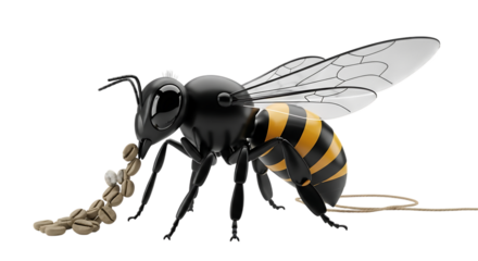 A black and yellow striped bee carrying a string of coffee beans in its mouth, isolated on transparent background