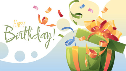Obraz premium Vibrant confetti explosion from an open gift box with a bow on a festive background. Ideal for birthday party invitations, social media banners, and celebration posters.