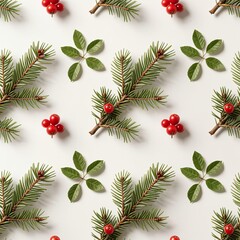 Realistic pine branches with red berries and green leaves on soft off-white background, natural lighting and subtle shadows