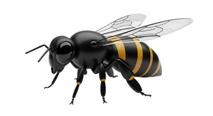 A detailed 3d render of a black and yellow striped bee, isolated on a clean transparent background, showcasing its intricate wings and segmented body