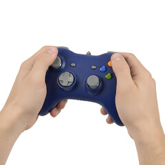 Man holding blue game controller isolated on transparent background