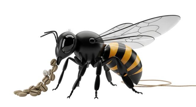A black and yellow striped bee carrying a string of coffee beans in its mouth, isolated on transparent background
