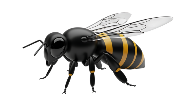 A detailed 3d render of a black and yellow striped bee, isolated on a clean transparent background, showcasing its intricate wings and segmented body