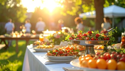 Outdoor food table with a variety of fresh fruits and vegetables