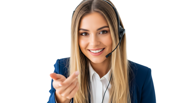 Smiling young woman wearing a headset and suit jacket, reaching out her hand, isolated on transparent background