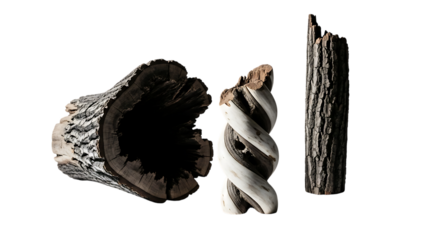 Three different pieces of wood, including a hollowedout log, a twisted branch, and a piece of bark, isolated on transparent background