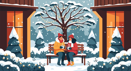 Winter Serenity: Couple Enjoying Hot Drinks on Snowy Bench with Festive Lights