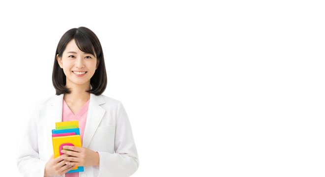 Young asian female doctor in white lab coat holding colorful folders, isolated on transparent background