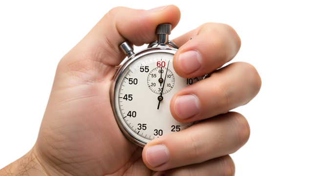 Hand holding a stopwatch isolated on transparent background