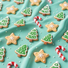 Photorealistic mint green fabric with 3D Christmas cookies (star with white sprinkles, tree with green icing) and glossy red-white candy canes, soft folds, realistic textures, subtle shadows