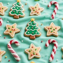 Photorealistic mint green fabric with 3D Christmas cookies (star with white sprinkles, tree with green icing) and glossy red-white candy canes, soft folds, realistic textures, subtle shadows