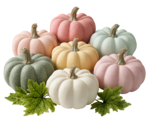 Calm, gentle set of pastel mini pumpkins with green leaf. This fall and autumn decoration has modern aesthetic, perfect for background or holiday concept