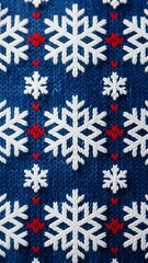 Photorealistic knitted pattern with dark blue background, white snowflake motifs and red accent shapes, maintaining repeating structure and wool texture