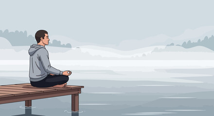 Fototapeta premium Man meditating on a wooden pier, finding inner peace amidst a serene nature backdrop