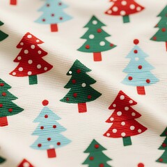 Photo-realistic close-up of cotton fabric with red, green, light blue Christmas tree pattern, visible weave, soft cream background, subtle wrinkles