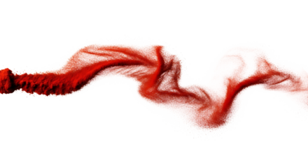 Abstract red particle stream flowing and swirling, isolated on transparent background