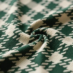 Photo-realistic fabric pattern: dark forest green with modified houndstooth and diamond grid, light gray lines, original textile texture