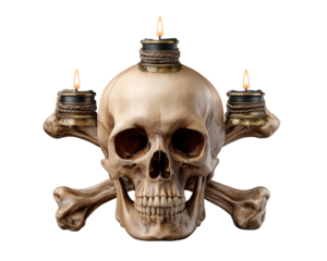 Spooky dark macabre skull and crossbone with burning candle. gothic horror symbol representing death and fire, creating mysterious and scary atmosphere for halloween themes
