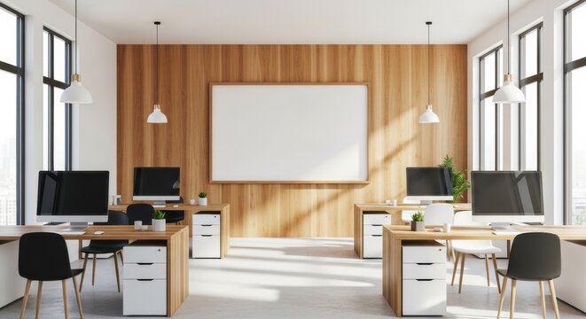 Modern Office Interior with Wood Paneling, Desks, Computers, and Whiteboard