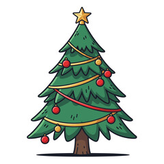 Obraz premium A festive cartoon illustration of a decorated Christmas tree with ornaments and a star.