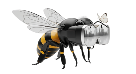 A stylized bee wearing vr goggles and a small butterfly on its head, isolated on transparent background