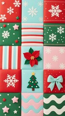 Photorealistic festive patchwork with textured squares in red, green, light blue, pink, cream; patterns include stars, stripes, poinsettias, Christmas trees, bows, abstract curves