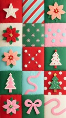 Photorealistic festive patchwork with textured squares in red, green, light blue, pink, cream; patterns include stars, stripes, poinsettias, Christmas trees, bows, abstract curves