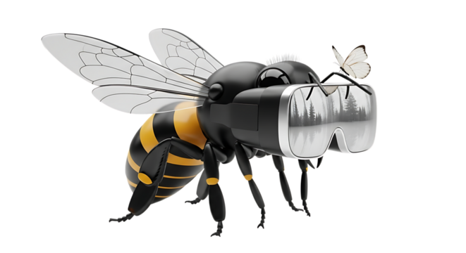 A stylized bee wearing vr goggles and a small butterfly on its head, isolated on transparent background