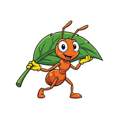Happy cartoon ant carrying a large green leaf on a vector