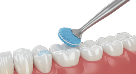 Dental polishing tool on teeth transparent background cutout png