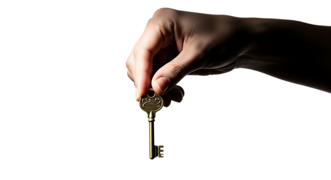 A hand holding an antique golden key, isolated on transparent background