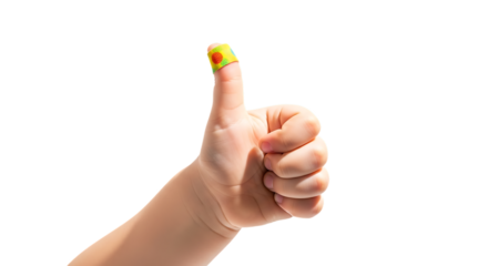 Childs thumb with a bandage showing a thumbs-up gesture transparent ba