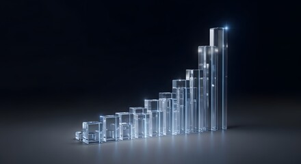 A 3D illustration of a transparent glass bar chart symbolizing business growth, success, and progress. A modern, futuristic design with a glowing light effect on a dark background.