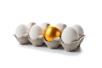 Golden Egg Among White Eggs in Carton Isolated on White Background