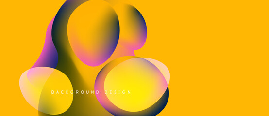 Abstract fluid shapes overlap yellow backdrop. Vibrant colors blend, creating modern visual effect. Design suggests movement, energy.