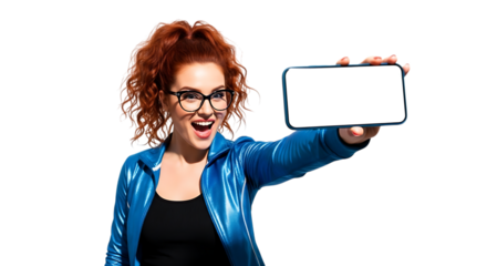 Excited woman holds phone with blank screen mockup for app design tran