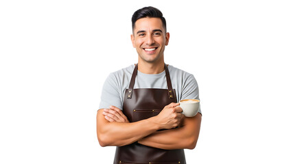 Smiling barista holding coffee wearing apron transparent background