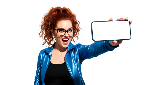 Excited woman holds phone with blank screen mockup for app design tran