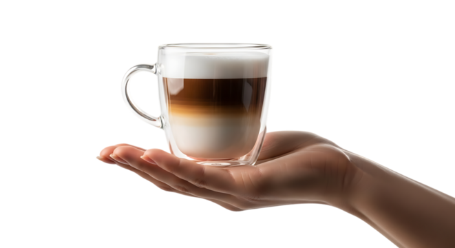 Hand holding a latte in a glass cup transparent background - Powered by Adobe