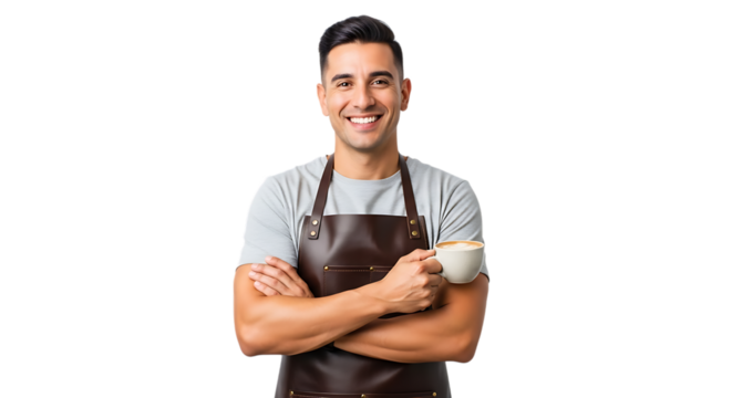 Smiling barista holding coffee wearing apron transparent background