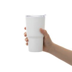 Hand Holding White Tumbler Isolated on Transparent Background
