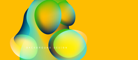 Abstract colorful shapes overlap yellow backdrop. Modern design elements create dynamic visual effect. Smooth gradients present vibrant composition.